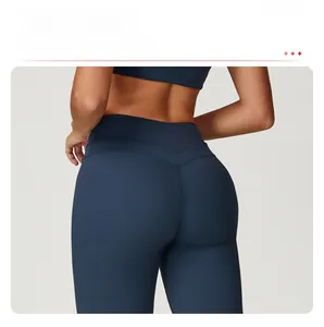 Close-up of high-waisted yoga pants featuring double-curved stitching for booty lifting