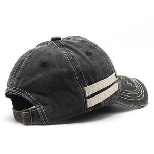 Black washed cotton baseball cap with side stripe embroidery and retro distressed details