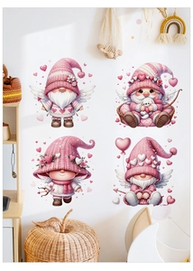 Detail of pink Valentine's Day gnome wall decals featuring knit texture on white walls