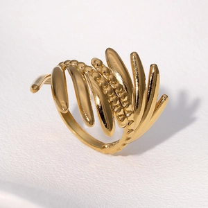 Elegant 18k gold plated stainless steel wheat ear ring with textured organic lines