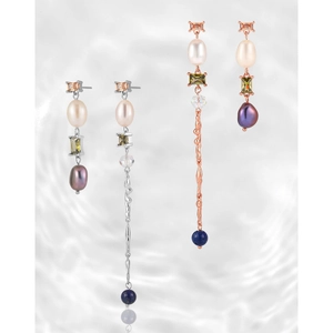 Asymmetric S925 silver fringe earrings with baroque pearls and colorful crystals