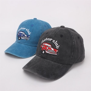 Kids vintage car baseball caps in blue and dark grey washed cotton with motor club embroidery