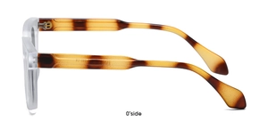 Detail view of square matte glasses frame with tortoise shell temples from 0 degree side
