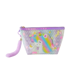 Detail of transparent unicorn makeup bag featuring colorful sequins and purple plush charm