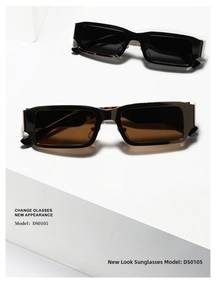 Detail view of DS0105 retro square sunglasses in black and brown tints with metal hinges