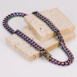 Collier chaîne cubaine 14mm en acier inoxydable arc-en-ciel sur pierres