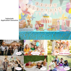 Collage of colorful polka dot plastic tablecloths for birthday party and outdoor picnic