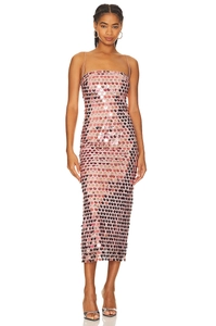 Elegant pink sequin midi slip dress with high slit and slim fit for formal parties