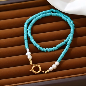 Bohemian turquoise bead necklace with irregular white pearls and golden clasp