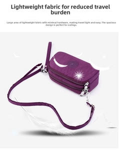 Detailed view of the purple nylon crossbody bag showing multiple zipped layers and lightweight texture