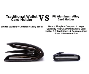 Slim PU leather card holder and RFID aluminum case showing compact thickness vs traditional wallet