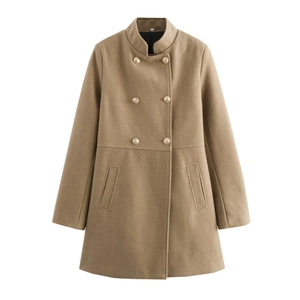 Detailed macro view of the double-breasted closure and wool-blend fabric of the camel coat