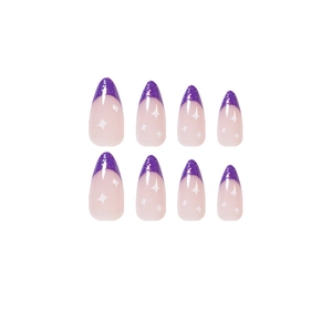 Sparkling purple French almond press-on nails with white star patterns and glitter