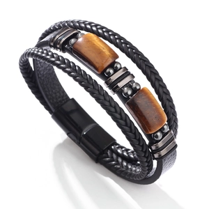 Men's multilayer black leather braided bracelet with tiger eye stones and magnetic clasp