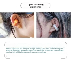 Detail view of orange and white ear-clip headphones showcasing open-ear design and fit