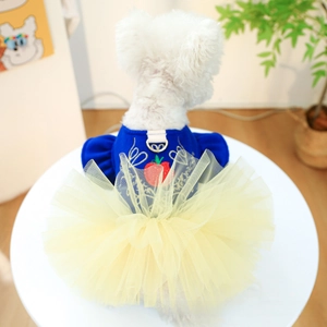 Detailed back view of a dog dress featuring blue velvet, yellow mesh, and D-ring