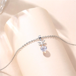 Silver dragonfly necklace pendant with zircon crystal on minimalist link chain