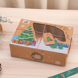 Christmas kraft paper gift box with window, merry christmas print and festive twine
