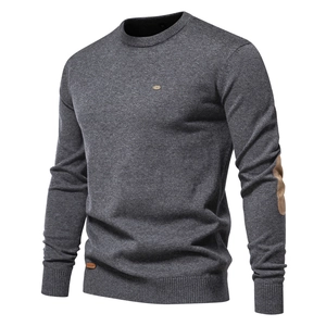 Men's dark grey crewneck sweater with long sleeves and contrasting elbow patches