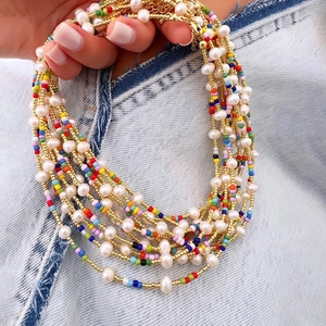Collana Bohemién di Perline Fatta a Mano Con Perla d'Acqua Dolce Naturale Perline di Vetro Colorate Rame Placcato Oro Choker per Donna Gioielli da Spiaggia