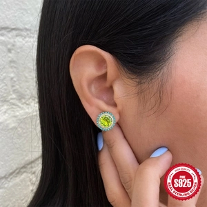 S925 Sterling Silver turquoise and green crystal round stud earrings for women