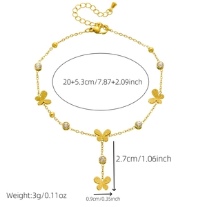 Bracelet de cheville en acier doré avec pendentifs papillon et strass brillants