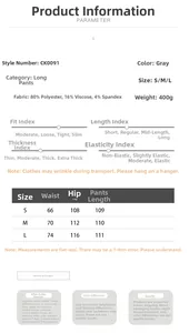 Detailed size guide and fabric specifications for wide leg high waist suit trousers