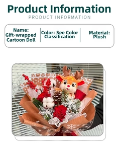 Detail of Christmas reindeer plush bouquet with artificial roses and pine cones