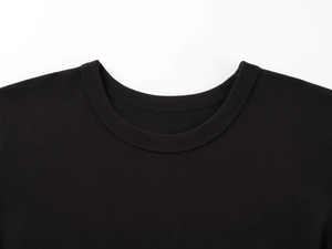 Close-up of the neckline and premium knit texture on this black modal sports T-shirt