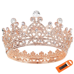 Detailed close-up of rose gold baroque bridal crown with sparkling crystal rhinestones