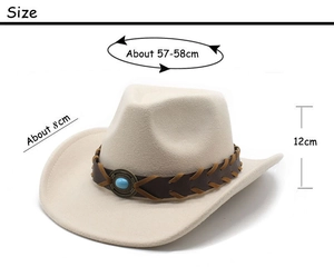 Detailed dimensions of ivory felt cowboy hat with 8cm brim and turquoise beaded band