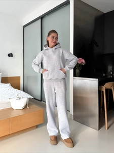 Women Cotton Hooded Sweatshirt And Straight Leg Pants Casual Loungewear Streetwear Tracksuit Grey