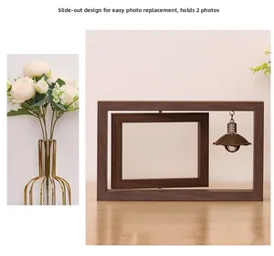 Rotating wooden photo frame with interior LED light bulb and dual-sided slide-out display
