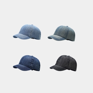 Retro washed denim baseball caps shown in four classic colors with short brim and vintage texture
