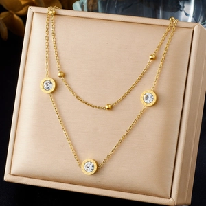 Layered Stainless Steel Necklace Women Gold Plated Round Roman Numeral Pendant With Cubic Zirconia Simple Jewelry