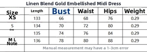 Detailed size chart for the linen blend midi dress including length and bust measurements