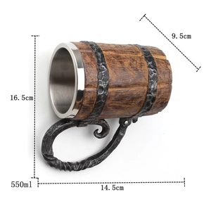 Detailed size specifications for a 550ml Viking style wooden barrel mug with steel liner