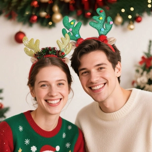Detail of Christmas reindeer antler headbands with colorful tinsel and festive ornaments