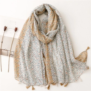 Floral Printed Scarf Shawl For Women Long Polyester Voile Cotton Linen Feel With Tassel Trim Sunshade Fresh Style Large Wraps