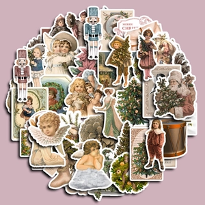 50pcs waterproof vintage Christmas stickers featuring angels and nutcrackers for journals
