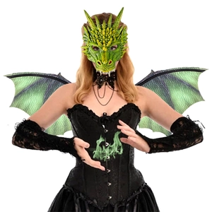 Green dragon mask and wings set for adult carnival party costumes on white background