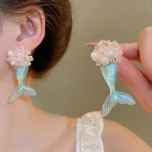 Elegant mermaid tail earrings with pink beads and iridescent pearls for a fairytale look