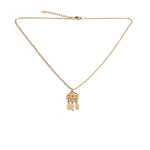Bohemian gold dreamcatcher pendant necklace with three delicate hanging feathers