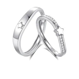 S925 Sterling Silver Star Couple Rings Set Adjustable Open Rhinestone Finger Ring For Women Men Romantic Fashion Jewelry