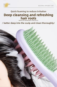 Close-up of dual-sided scalp massager brush with foam for deep hair root cleaning