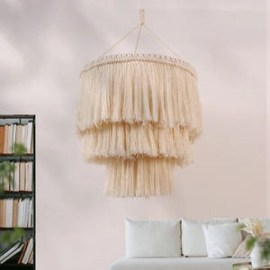 Macrame Lamp Shade Handmade Woven Cotton Rope Bohemian Pendant Light Cover Three Tier Tassel Fringe Boho Home Decor