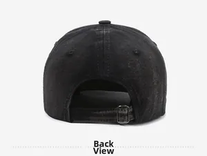 Back view of washed black baseball cap showing adjustable metal buckle and denim texture