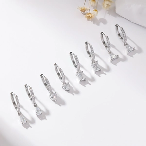 Silver copper hoop earrings set with zircon heart and geometric drop pendants