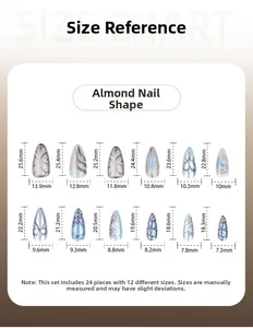 Size chart for 24pcs almond press-on nails featuring specific length and width measurements