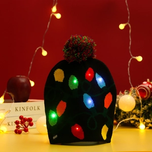 Close-up of black LED knitted Christmas hat with colorful bulb patterns and ON/OFF switch
